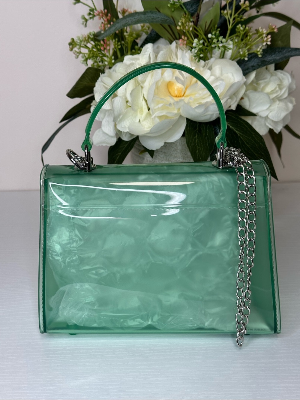 Green Jelly Top Handle Chain Crossbody Bag Transparent Mini Purse - Picture 3 of 5